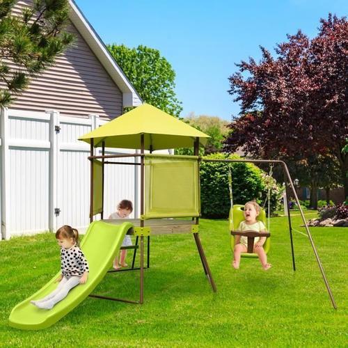 Station De Jeu Costway 4-En-1 : Balançoire, Cabane, Toboggan, Echelle D¿Escalade - Cadre Avec Peinture Epaisse Pour 3-7 Ans