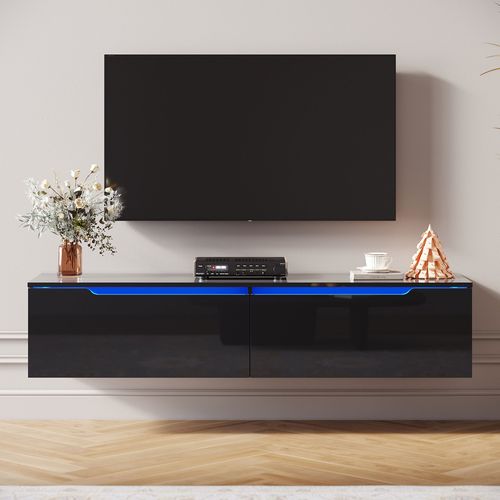 Meuble Tv Bas Avec Rangement, Tv Bas Noir Avec Éclairage Led Et 2 Portes 140x35x30cm Meuble De Bas De Long