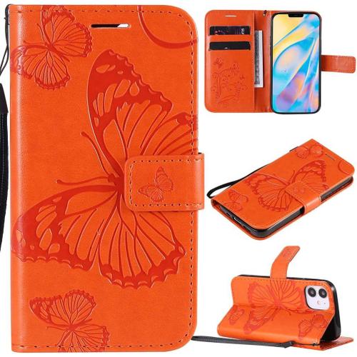 Étui Pour Apple Iphone 12 6 1 Pouces Pu Cuir Couverture Magnétique Housse Conception En Relief De Papillon Stent Fonction Flip Cuir Orange