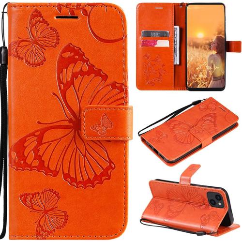 Étui Pour Apple Iphone 14 6 1 Pouces Pu Cuir Couverture Magnétique Housse Conception En Relief De Papillon Stent Fonction Flip Cuir Orange