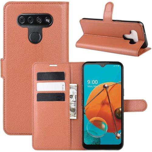 Étui Pour Lg K51/K500 6 5 Pouces Pu Cuir Couverture Magnétique Portefeuille Protection Housse Motif Litchi Stent Fonction Flip Cuir Marron