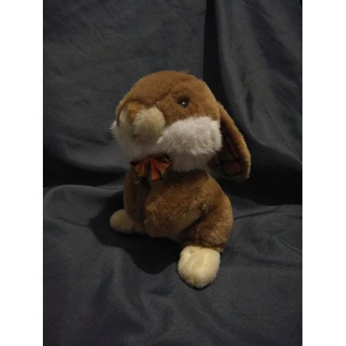 Peluche Lapin Ecru Marrron Oreilles Baissés Ecossais Jaune Orange Noeud Cp