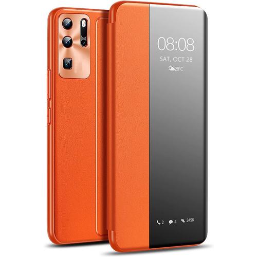 Coque Huawei P30 Pro, Mise À Niveau 2022 Smart View Étui À Rabat En Cuir, Tpu Souple Mode D'économie D'énergie Protección Integral - Orange