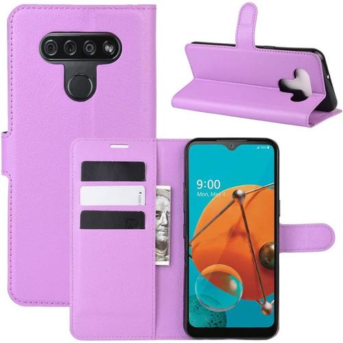 Étui Pour Lg K51/K500 6 5 Pouces Pu Cuir Couverture Magnétique Portefeuille Protection Housse Motif Litchi Stent Fonction Flip Cuir Pourpre