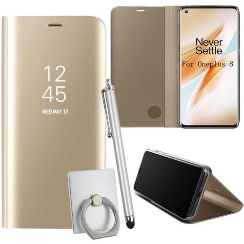 Coque Pour Oneplus 8 Smartphone Clear View Case Placage Miroir Effet Coque À Rabat Pu Cuir Anti Choc Housse Avec Fonction De Support - D'or