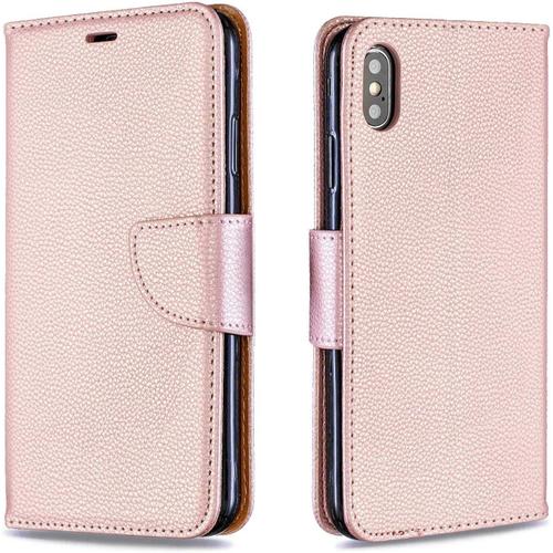 Coque Iphone Xs Max, Élégant Étui En Pu Cuir Avec Fonction Support Pour Apple Iphone Xs Max, Premium Magnétique Portefeuille Coque, Or Rose