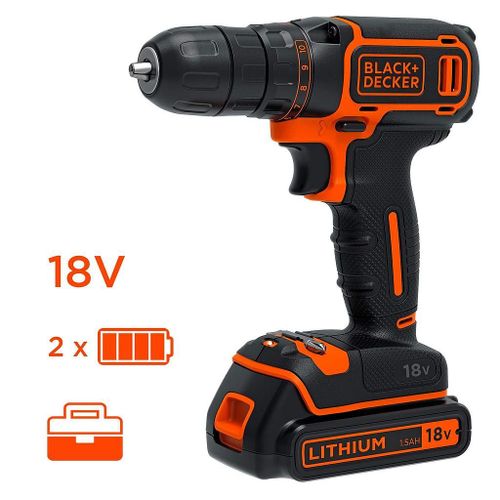 Black and Decker - Perceuse visseuse sans fil 18 V 2 batteries Lithium 1.5 Ah 30 Nm en coffret - BDCD18K-QW