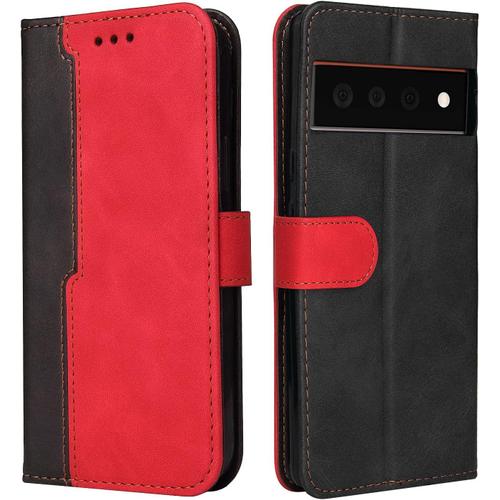 Housse Pour Telephone Google Pixel 6 Etui, Pu/Tpu Rétro Retourner Cuir Coque Magnétique Anti Chute Portefeuille Protection Case Cover, Rouge