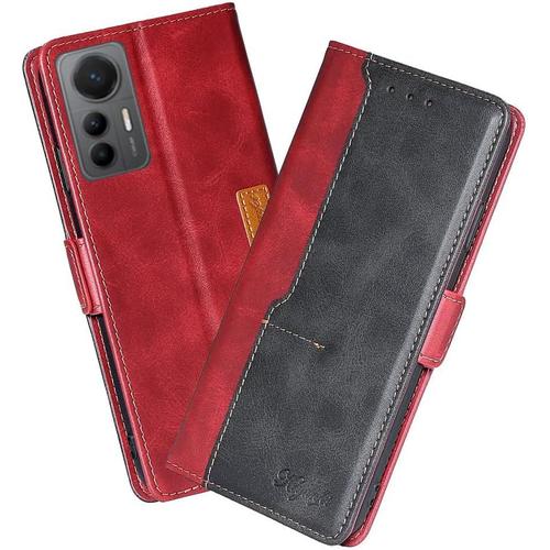 Housse Pour Telephone Xiaomi 12 Lite Etui, Pu/Tpu Rétro Retourner Cuir Coque Magnétique Anti Chute Portefeuille Protection Case Cover, Rouge