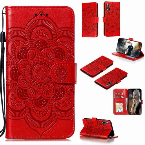 Portefeuille Coque Pour Huawei Nova 6 Smartphone Magnétique Pu Cuir Etui Rabat Avec Fente Pour Carte Et Dragonne Mandala Fleur Motif - Rouge
