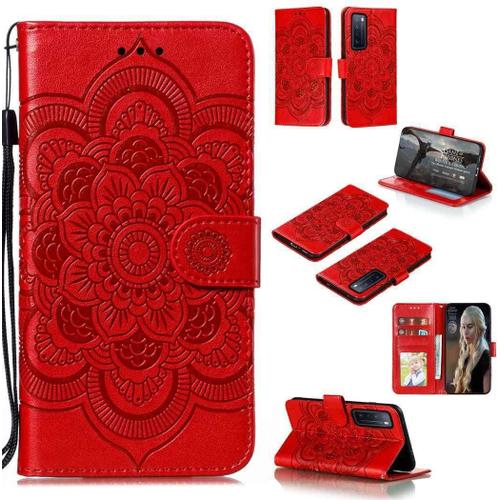 Portefeuille Coque Pour Huawei Nova 7 Smartphone Magnétique Pu Cuir Etui Rabat Avec Fente Pour Carte Et Dragonne Mandala Fleur Motif - Rouge