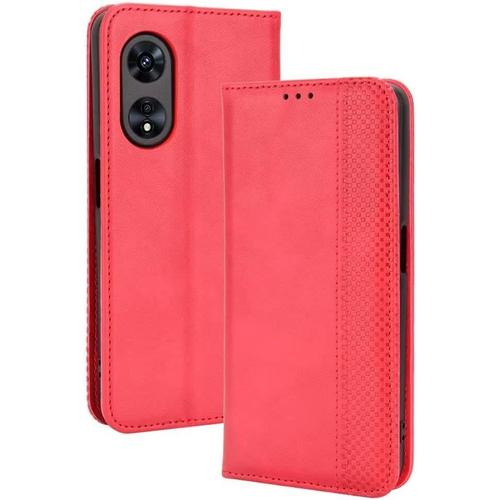 Coque Pour Oppo A17 6.56"" Inches , Etui Flip Folio En Cuir Pu Avec Interrupteur Magnétique, 3 Fentes Pour Cartes 1 Portefeuille Housse-Rouge