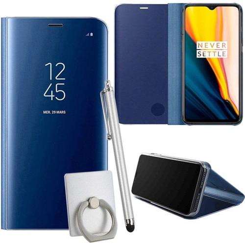 Coque Pour Oneplus 7t Smartphone Clear View Case Placage Miroir Effet Coque À Rabat Pu Cuir Anti Choc Housse Avec Fonction De Support - Bleu