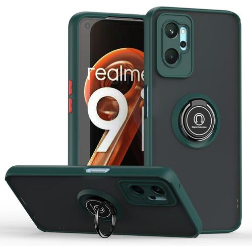 Coque Pour Oppo A76/A36/Realme 9i Etui Téléphone Antichoc Avec Anneau De Support Hard Pc Et Tpu Bumper Mat Translucide Case Cover Vert Foncé