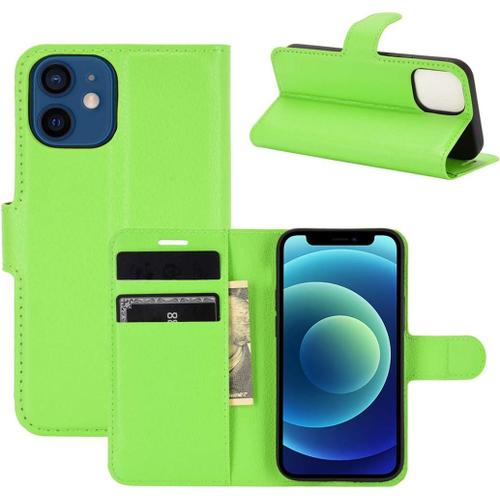 Étui Pour Apple Iphone 12 6 1 Pouces Pu Cuir Couverture Magnétique Portefeuille Protection Housse Motif Litchi Stent Fonction Flip Cuir Vert