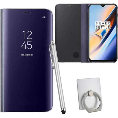 Effet Miroir Housse En Cuir Pu Pour Oneplus 6t, Haute Qualité Clear View Smartphone Flip Cover Et Fonction Stent Étui Pour Téléphone Violet