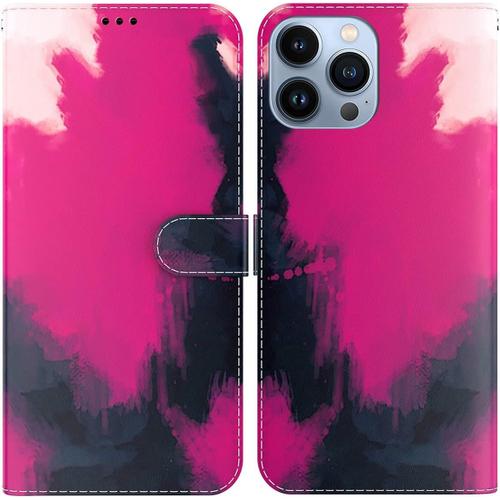Étui Pour Apple Iphone 14 Pro Max 6 7 Pouces Pu Magnétique Pochette Cuir Housse Aquarelle Impression Rabattable Case Stent Fonction Cover Rose