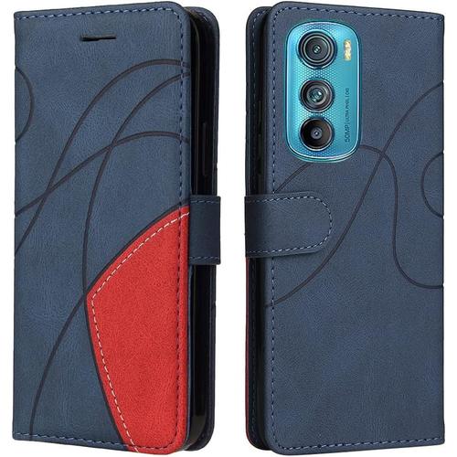 Housse Pour Telephone Motorola Edge 30 Etui, Pu/Tpu Rétro Retourner Cuir Coque Magnétique Anti Chute Portefeuille Protection Case Cover, Bleu