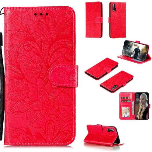 Portefeuille Coque Pour Huawei Nova 6 Smartphone Magnétique Pu Cuir Etui Rabat Avec Fente Pour Carte Et Dragonne Dentelle Fleur Motif - Rouge