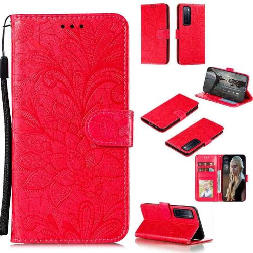 Portefeuille Coque Pour Huawei Nova 7 Smartphone Magnétique Pu Cuir Etui Rabat Avec Fente Pour Carte Et Dragonne Dentelle Fleur Motif - Rouge