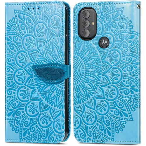 Étui Pour Motorola Moto G Power 2022 6 5 Pouces Pu Cuir Couverture Magnétique Housse Conception En Fleur De Rêve Stent Fonction Flip Cuir Bleu