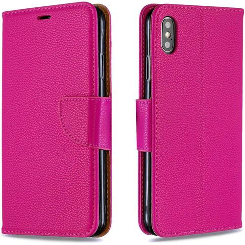 Coque Iphone Xs Max, Élégant Étui En Pu Cuir Avec Fonction Support Pour Apple Iphone Xs Max, Premium Magnétique Portefeuille Coque, Rose Rouge