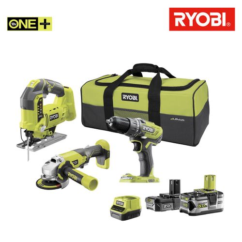 Pack RYOBI 18V One+ - Perceuse-visseuse - Meuleuse - Scie sauteuse pendulaire - 2 batteries - 1 chargeur rapide R18CK3C-252S