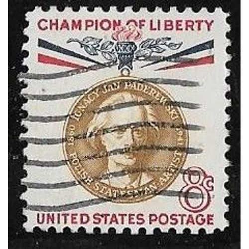 Timbre Des Etats-Unis N°698 Y & T 8 C. Bleu Rouge Et Ocre Champion De La Liberté Ignacy Jan Paderewski Homme D'état Pianiste Et Compositeur Polonais