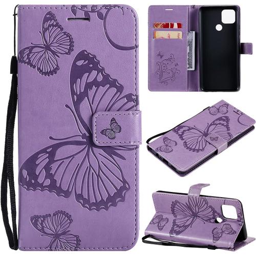 Étui Pour Oppo A15/Oppo A15s 6 52 Pouces Pu Cuir Couverture Magnétique Housse Conception En Relief De Papillon Stent Fonction Flip Cuir Violet