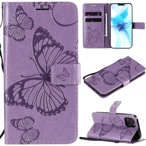 Étui Pour Apple Iphone 12 Pro 6 1 Pouces Pu Cuir Couverture Magnétique Housse Conception En Relief De Papillon Stent Fonction Flip Cuir Violet