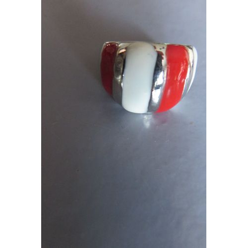 Bague Acier 4 Barres Émaillée Blanc/Rouge T 54
