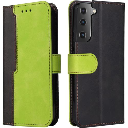 Housse Pour Telephone Samsung Galaxy S22 Etui, Pu/Tpu Rétro Retourner Cuir Coque Magnétique Anti Chute Portefeuille Protection Case Cover, Vert