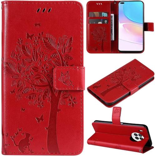 Coque Pour Huawei Nova 8i Arbre À Chat En Cuir Pu Avec Rabat Magnétique Et Fentes Pour Cartes De Crédit Avec Dragonne Pour Huawei Nova 8i Rouge