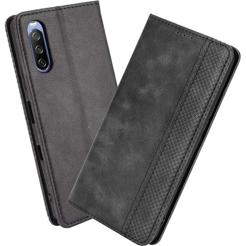 Housse Pour Telephone Sony Xperia 10 Iii Etui, Pu/Tpu Rétro Retourner Cuir Coque Magnétique Anti Chute Portefeuille Protection Case Cover, Noir