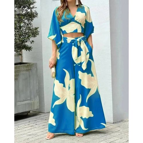 Haut Court Et Pantalon À Jambes Larges Pour Femmes, Taille Haute, Col En V Décontracté, Manches Lanterne, Ensemble 2 Pièces