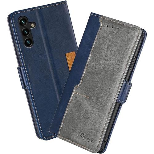 Housse Pour Telephone Samsung Galaxy A04s Etui, Pu/Tpu Rétro Retourner Cuir Coque Magnétique Anti Chute Portefeuille Protection Case Cover, Bleu