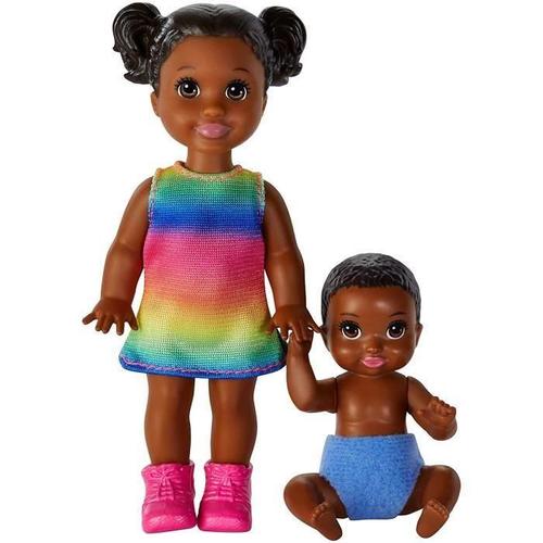 Barbie - Coffret Frere Et Soeur Brune - Coffret Incluant 2 Poupees Et 1 Bebe En Couche Culotte Amovible Pour Le Changer - Mattel