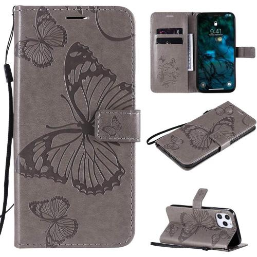 Étui Pour Apple Iphone 12 Pro Max 6 7 Pouces Pu Cuir Couverture Magnétique Housse Conception En Relief De Papillon Stent Fonction Flip Cuir Gris