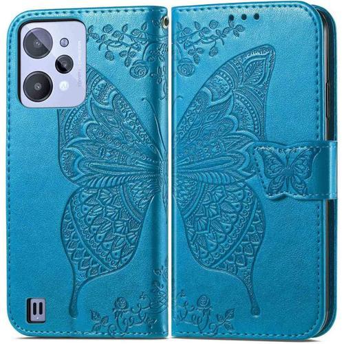 Coque Pour Realme C31 4g Étui Papillon Flip Wallet Slim Housse De Téléphone Avec Fermeture Magnétique Fentes Pour Cartes Béquille Dragonne. Bleu