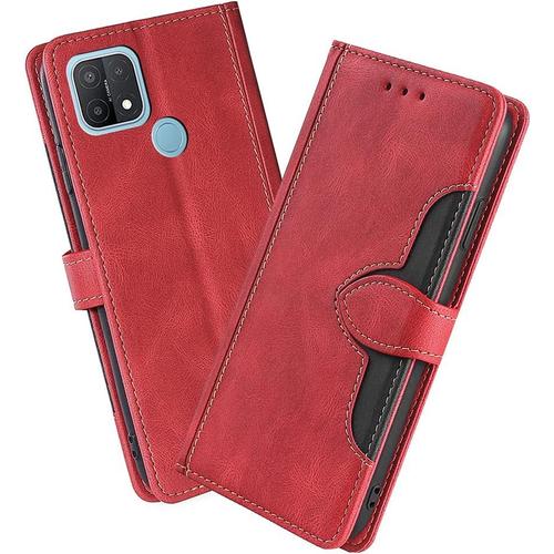 Housse Pour Telephone Oppo A15/Oppo A15s Etui, Pu/Tpu Rétro Retourner Cuir Coque Magnétique Anti Chute Portefeuille Protection Case Cover, Rouge