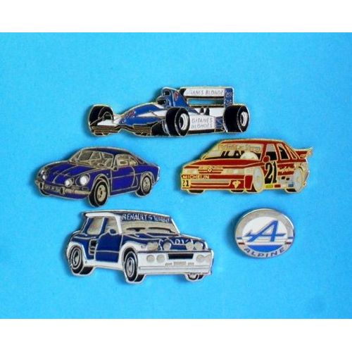14839 // 5 Pin's : F1 Ligier Renault / R5 Maxi Turbo / R21 Turbo / Logo & Alpine A110 Renault . (Locomobile Winner)