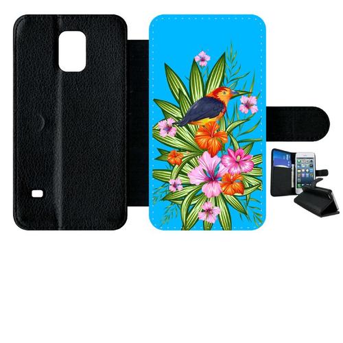 Etui A Rabat - Oiseau Tropical Turquoise - Compatible Avec Samsung Galaxy S5 - Simili-Cuir - Bord Noir