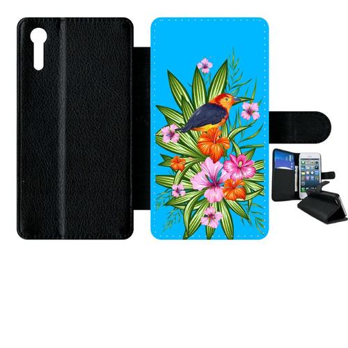 Etui À Rabat Xperia Xz - Oiseau Tropical Turquoise - Simili-Cuir - Noir