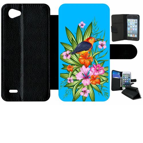 Etui A Rabat - Oiseau Tropical Turquoise - Compatible Avec Lg Q6 - Simili-Cuir - Bord Noir