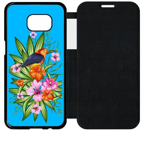 Etui A Flip Flap - Oiseau Tropical Turquoise - Compatible Avec Samsung Galaxy S7 Edge - Simili-Cuir - Bord Noir