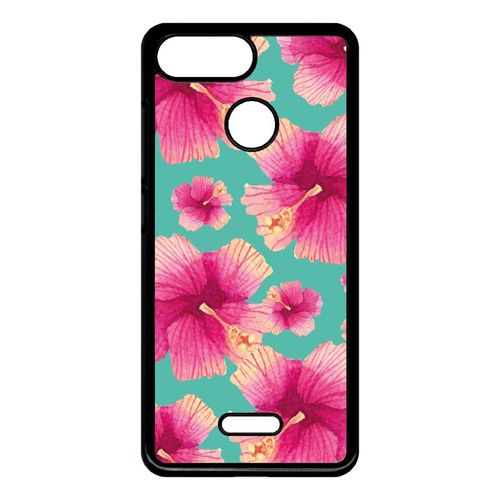 Coque Pour Smartphone - Hibiscus Fond Turquoise - Compatible Avec Xiaomi Redmi 6 - Plastique - Bord Noir