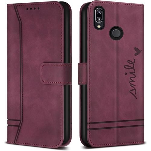 Coque Pour Huawei P20 Lite Huawei Nova 3e Etui Cuir Avec Magnetique Flip Pochette Housse Pour Huawei P20 Lite Huawei Nova 3e Protection Vin Rouge