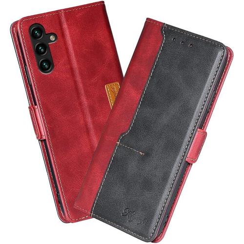 Housse Pour Telephone Samsung Galaxy A04s Etui, Pu/Tpu Rétro Retourner Cuir Coque Magnétique Anti Chute Portefeuille Protection Case Cover, Rouge