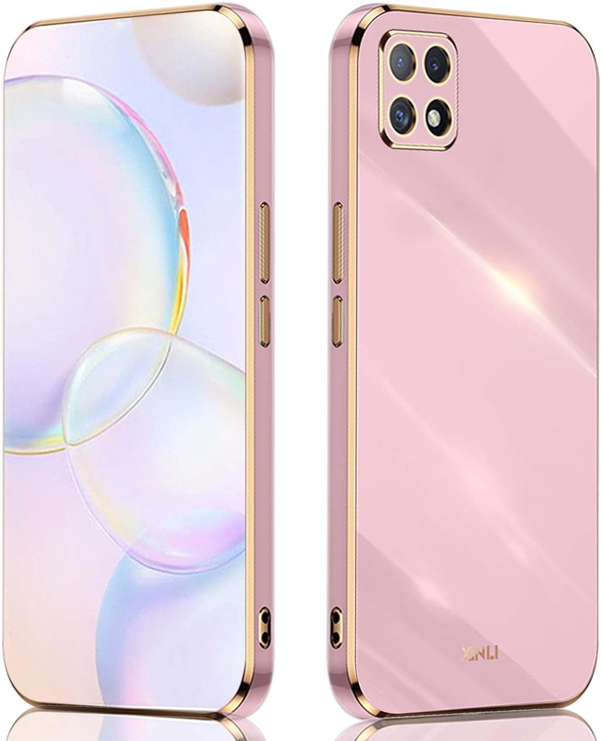 Coque Pour Samsung Galaxy A22 5g, Housse Silicone Coloré Case Protégez La Caméra, Étui Ultra-Fin Antichoc Pour Femme Cover Avec Cadre Doré Mauve