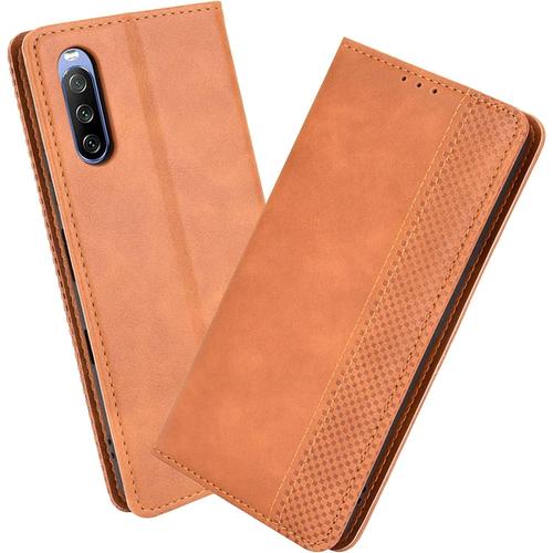 Housse Pour Telephone Sony Xperia 10 Iii Etui, Pu/Tpu Rétro Retourner Cuir Coque Magnétique Anti Chute Portefeuille Protection Case Cover, Marron